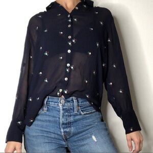 Cleobella Anthropologie Blue Floral Boho Blouse XS Sheer Button Down Cottagecore